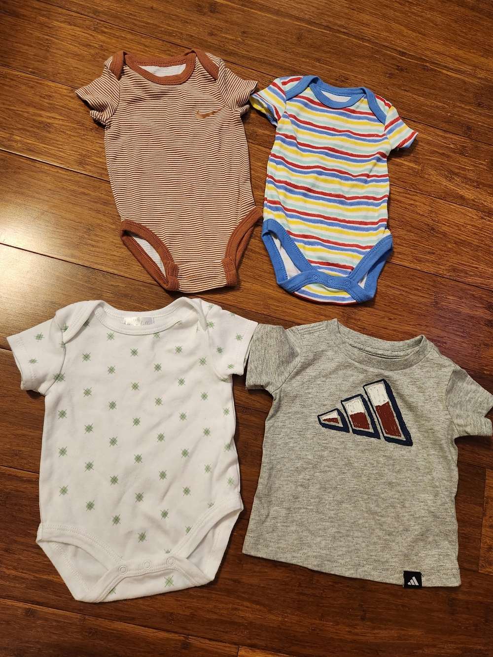 Set Of 3 Short Sleeve Bodysuits- Nike  Kidgets & 1 Adidas Tee Shirt, 0-3 Months
